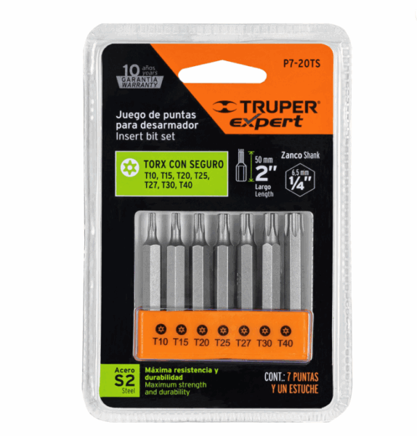 JUEGO DE 7 PUNTAS TORX COMBINADAS C/SEGURO LARGO 2', EXPERT, 17813