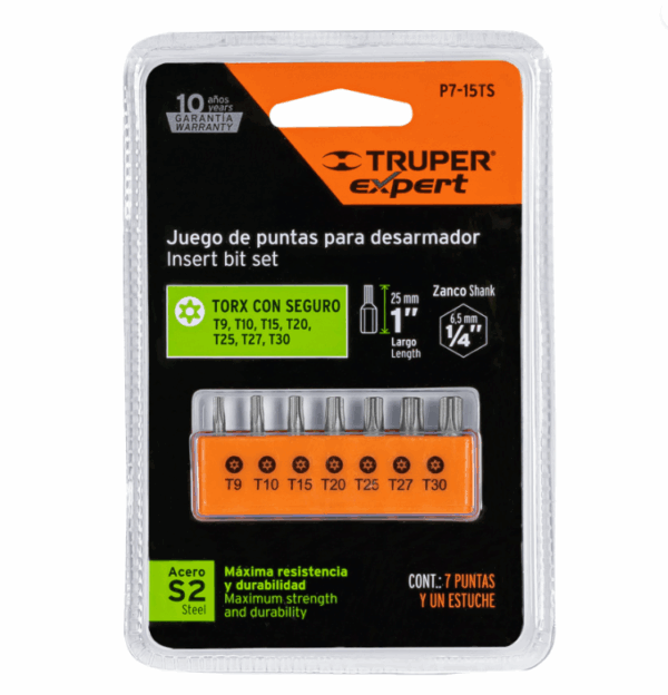 JUEGO DE 7 PUNTAS TORX COMBINADAS C/SEGURO LARGO 1', EXPERT, 17797