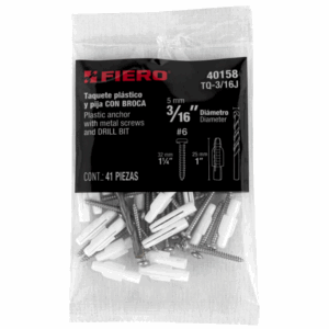 KIT DE 20 TAQUETES 3/16' CON PIJAS #6 y 1 BROCA 3/16', FIERO, 40158