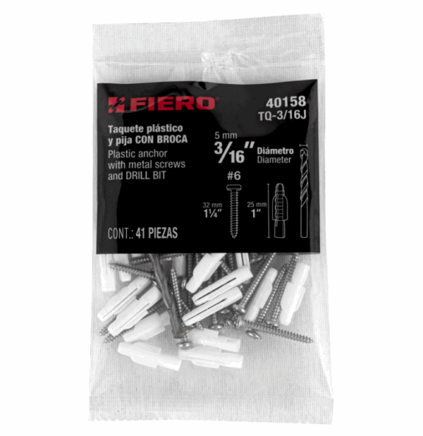 KIT DE 20 TAQUETES 3/16' CON PIJAS #6 y 1 BROCA 3/16', FIERO, 40158