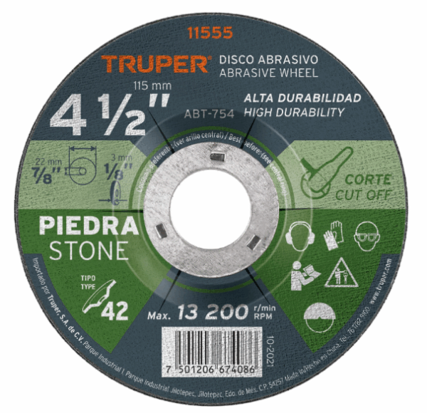 TRUPER DISCO TIPO 42 DE 4-1/2' x 3.2 mm PARA CORTE DE PIEDRA, 11555.
