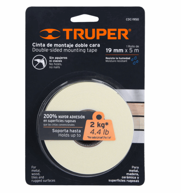 CINTA DOBLE CARA DE 19 mm x 5 m, Truper, 11725