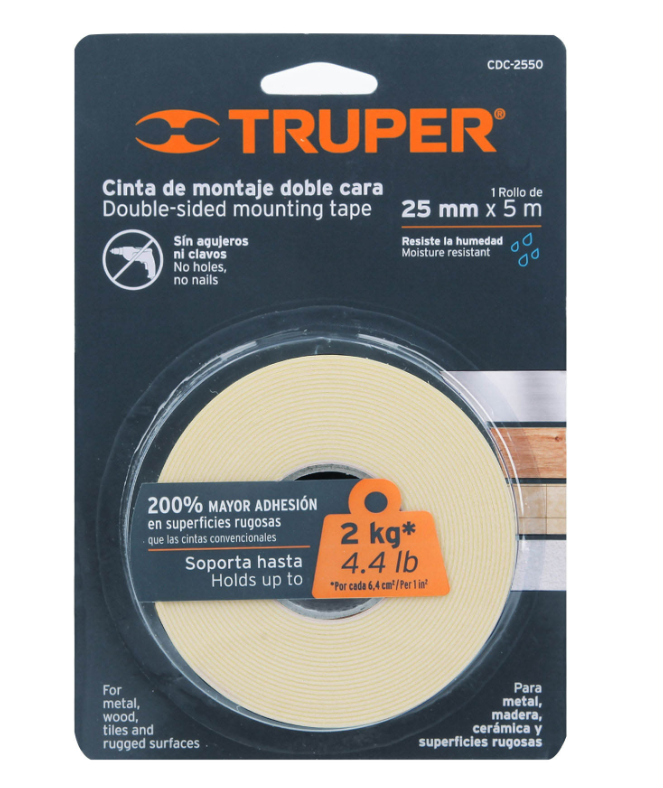 CINTA DOBLE CARA DE 25 mm x 5 m, Truper, 11727