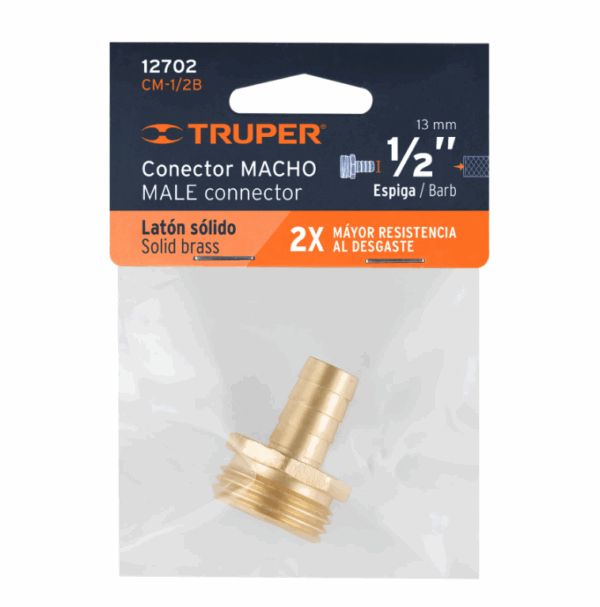 CONECTOR 1/2' MACHO DE LATON SOLIDO PARA MANGUERA, Truper, 12702