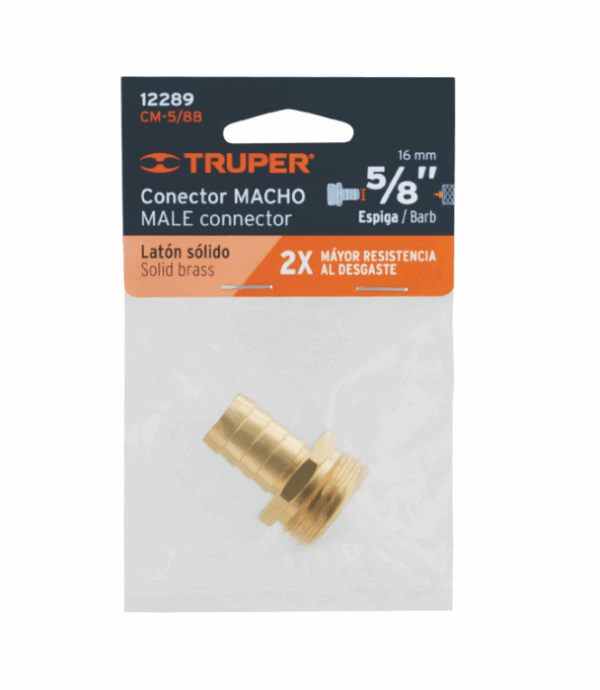 CONECTOR 5/8' MACHO DE LATON SOLIDO PARA MANGUERA, Truper, 12289