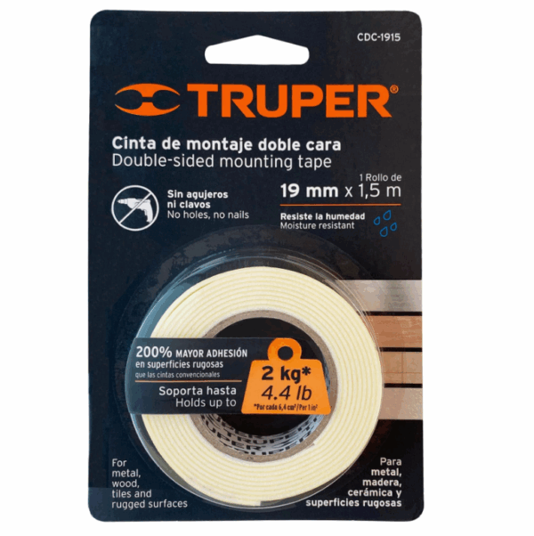 CINTA DOBLE CARA DE 19 mm x 1.5 m, Truper, 11724