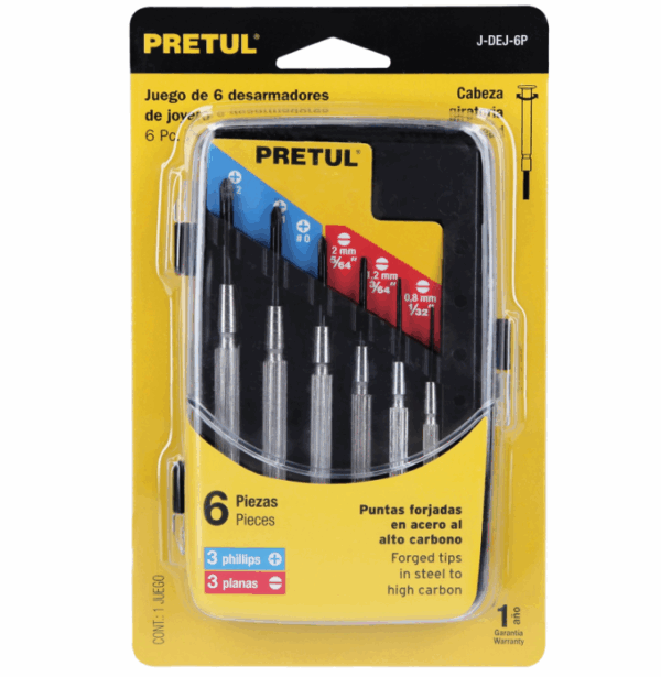 JUEGO CON  6 DESARMADORES DE PRECISIÓN MANGO METÁLICO, Pretul,21382