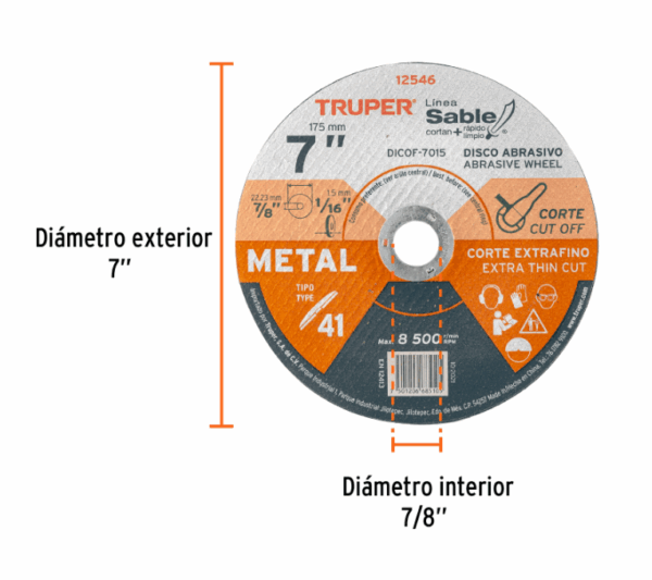 Truper DISCO TIPO 41 de 7' x 1.5 mm CORTE FINO DE METAL, SABLE, 12546 - Imagen 3