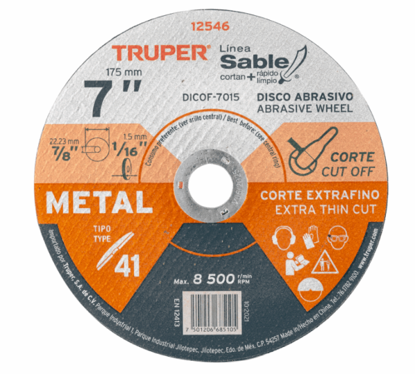 Truper DISCO TIPO 41 de 7' x 1.5 mm CORTE FINO DE METAL, SABLE, 12546