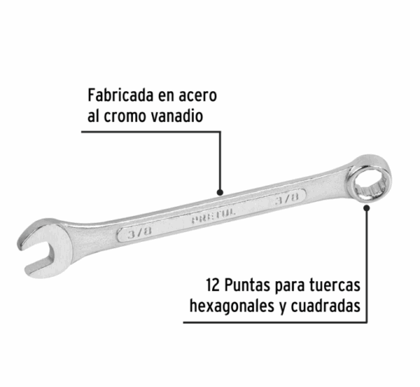 LLAVE COMBINADA 3/8' x 140 mm DE LARGO, Pretul, 21882 - Imagen 2