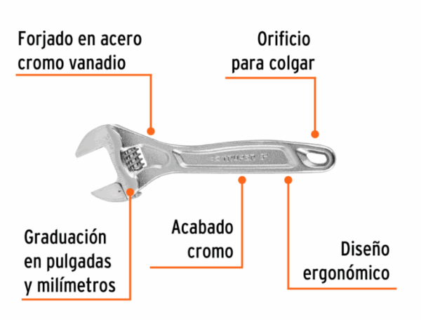 LLAVE AJUSTABLE (perico) 8' PROFESIONAL CROMADA, Expert, 15506 - Imagen 2