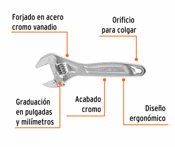 LLAVE AJUSTABLE (perico) 6' PROFECIONAL CROMADA, Expert, 15505 - Imagen 2