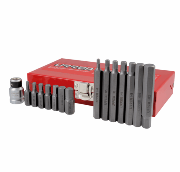 JUEGO DE PUNTAS HEXAGONALES HEXÁGONO DE  3/8" MÉT,CON ADAPTADOR, 15 pz EN CAJA METALICA URREA, J2415M