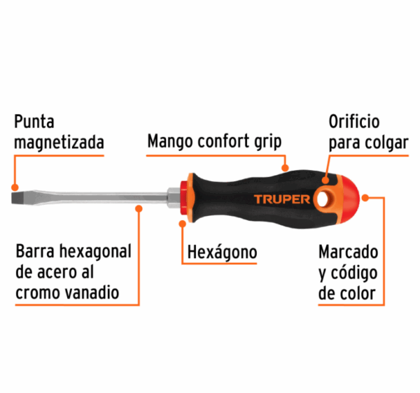 DESARMADOR PLANO 1/4' x 4' MANGO COMFORT GRIP, Truper,13998 - Imagen 3